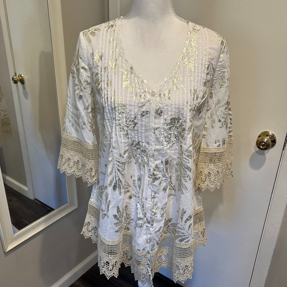 Alfani White and Gold Pintuck Metallic Lace Cotton Tunic Top, Size 2
